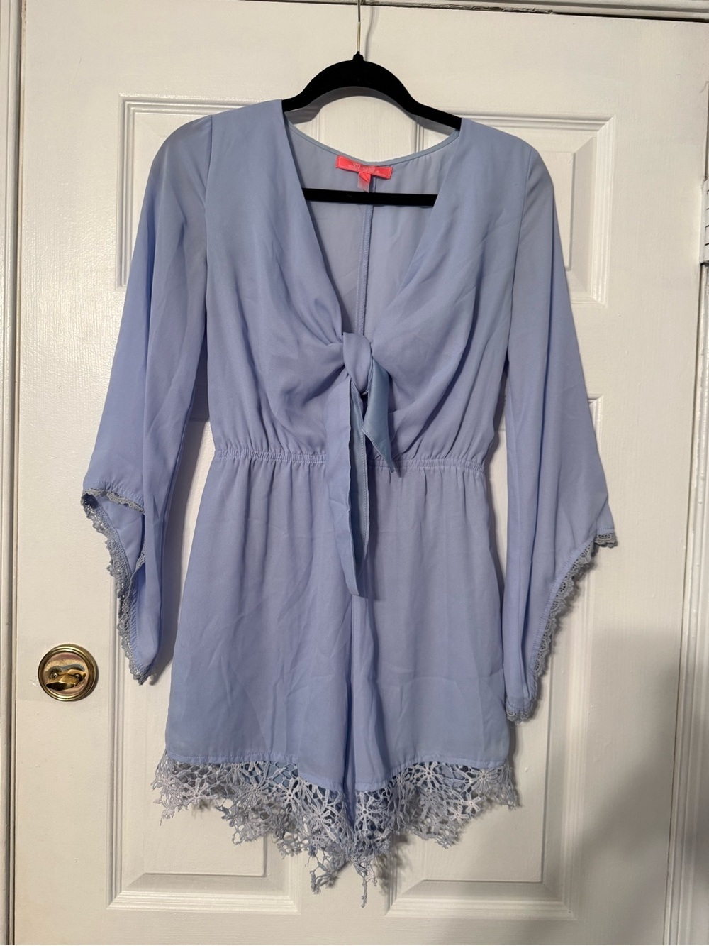Light Blue Tie-Front Lace Trim Romper